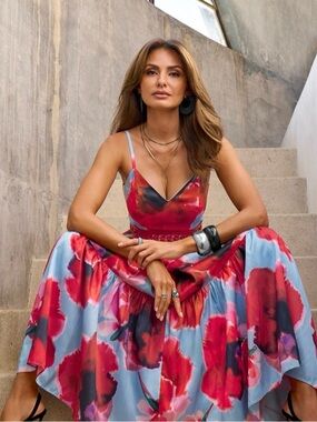 Boston Proper watercolor floral tiered maxi dress Size 8